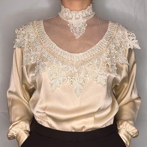 Ivory satin blouse with lace collar by Sonya Ratay for San Andre vintage